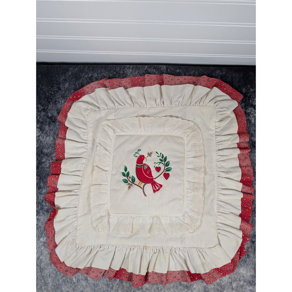 Vtg Hand Quilted 12"Red Bird Pillow Case Cottagecore Grannycore ShabbyChic